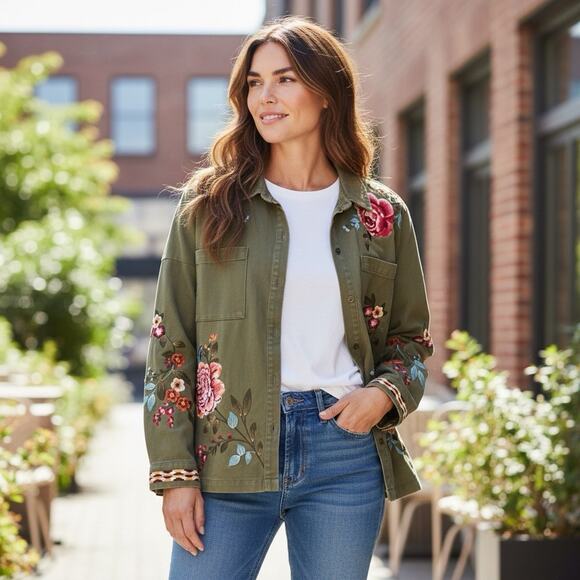 Savanna Jane Jacket Floral Embroidered Womens Sz L Olive Green Boho Western - Picture 2 of 11
